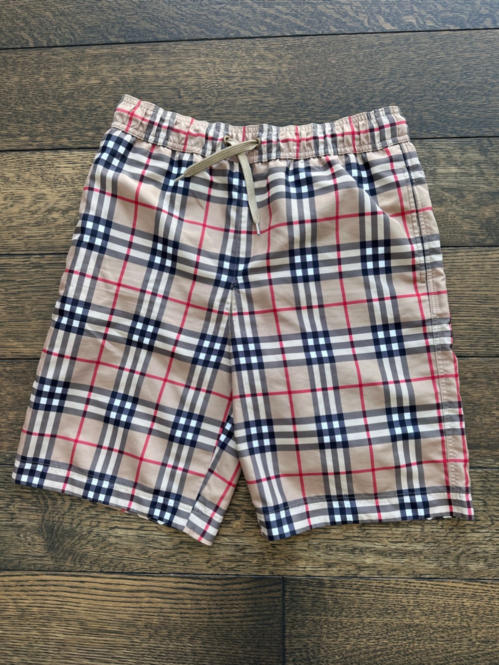 Burberry Beige Plaid Boys' Swim Trunks with Black & Red Check